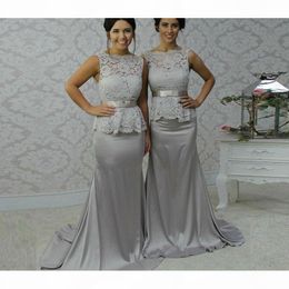 Elegant Scalloped Edge Sweep Train Sheath Sier Bridesmaid Dress Lace Top With Bow Sash Customised Made Party Formal Dresses