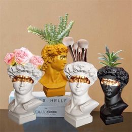 Northern Europe Resin Vase Home Decoration Flower Pot Pen Holder Makeup Brush Storage Box European Head Sculpture Model 211215