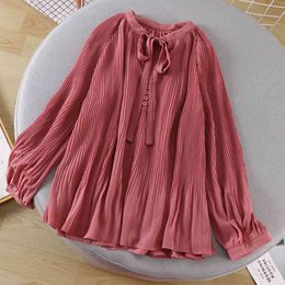 Women's Shirts with Bow Autumn Spring Long-sleeved Loose V-neck Lantern Sleeve Shirt Korean Woman Blouse Female Tos PL094 210506