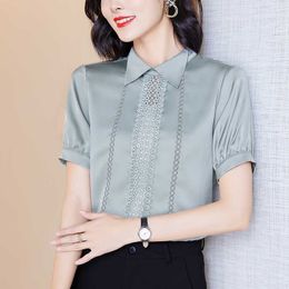 Korean Women Shirt Silk Blouses for Short Sleeve Hollow Out s Female Top Lace Pullover Blouse Oversize Woman OL 210604