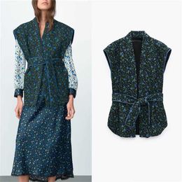 ZA est Autumn Print Parkas Vest With Belt Floral Down Cotton Waistcoat Women Sleeveless Winter Jacket Outwear 211216