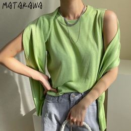 MATAKAWA Korea Chic Round Neck Pullover Casual Loose Tank Top Women + Simple Outer Shawl Sweater Two-piece Set Female 210513