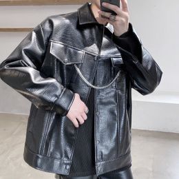 IEFB high quality Personalised metal chain fashion men's black Pu jacket coat spring winter loose clothes 9Y4615 210524