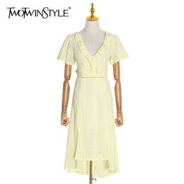 TWOTWINSTYLE Hollow Out Lace Up Bowknot Dress For Female V Neck Short Sleeve High Waist White Dresses Women Summer Style 210517