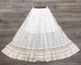 INSPIRED white eyelet skirts for women elastic waist tassel tied pom trims summer skirt long bohemian skirts womens 210412