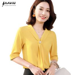 Chiffon V Neck Shirt Women Fashion Summer Yellow Temperament Bow Tie High-End Half Sleeve Blouses Office Ladies Casual Work Tops 210604