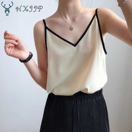 HXJJP Satin Chiffon Camisole Female Summer Wear V-neck Interior Tie Bottoming Tanks Silk Sleeveless Top 210607