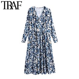 TRAF Women Chic Fashion Leopard Print Pleated Midi Dress Vintage V Neck Long Sleeve Female Dresses Vestidos Mujer 210415