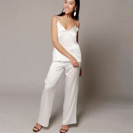 HiLoc Black White Satin Sexy Pyjamas For Women Sleepwear Silk Spaghetti Strap V-Neck Home Suit Sets Female Basic Spring 210901