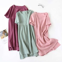 Summer Sleepwear 100% Cotton Crepe Short-sleeved Sleepshirts Plus Size Loose Nightgowns Women Night Gown Sexy Sleeping Dress 210924