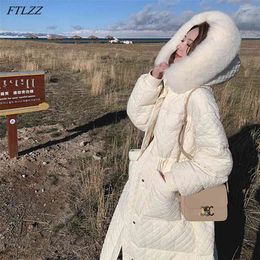 Winter Real Large Natural Fur Hooded Long Down Jacket Women 90% White Duck Coat Loose Thick Warm Snow Outwear 210430