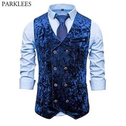 Mens Royal Blue Double Breasted Velvet Vests Brand Slim Fit Suit Dress Vest Men Party Wedding Casual Waistcoat For Male 210522