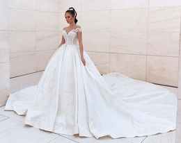 Luxury Beaded Princess Wedding Dress Sweetheart Sheer Off The Shoulder Crystal Appliques Satin Ball Gown Bridal Vestido De Noiva