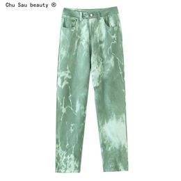 Spring Fashion High Street Green Tie-dye Printing Waist Straight Casual Trousers Women Pants Pantalones De Mujer 210514