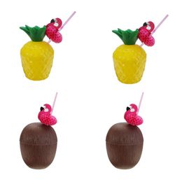 Cups & Saucers 4 Sets Pineapple Drink Tropical Party Plastic Coconut Supplies Set With Random Colour Straws For Luau
