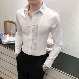 Sexy Lace Patchwork Men's Shirt Long Sleeve Slim Fit Streetwear Casual Shirts Nightclub Singer Social Party Blouse Chemise Homme 210721