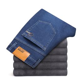 38 size jeans UK - Men's Jeans 2021 Winter Warm Black Elasticity Slim Fit Thicken Denim Pants Brand Trousers Male Bule Big Size 38 40 42 44 46