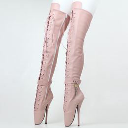 18CM high heel thigh high ballet boots pink with lace and lock