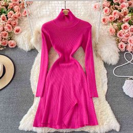 Elegant Puff sleeve Turtleneck knitted dress women winter with tight-fitting stretch mini A-line sweater dress vestido autumn Y1204