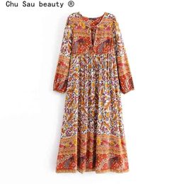 Autumn Boho Women's Dress Printed Fringed Long Sleeve Skirt Holiday Style Female Fashion Chic 210514