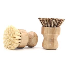 Handheld Wooden Brushes Round Handle Pot Brush Sisal Palm Dish Bowl Pan Cleaning Kitchen Chores Rub Tool RH3068