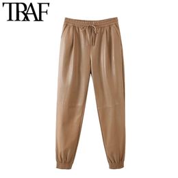 Women Fashion With Drawstring Faux Leather Pants Vintage High Elastic Waist Pockets Female Ankle Trousers Mujer 210507