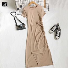 LY VAREY LIN Summer Women Slim Shirring Frenulum Solid Colour Medium Long Dress Casual O-neck Short Sleeve High Waist Dresses 210526