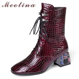 Meotina Autumn Ankle Boots Women Boots Thick High Heel Short Boots Zipper Round Toe Shoes Lady Autumn Big Size 34-42 210608