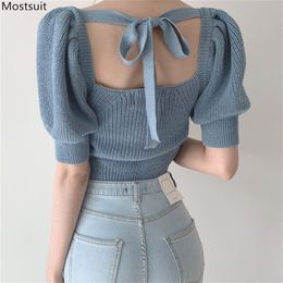 Summer Sexy Knitted Tops Women T-shirt Korean Tee Shirt Femme Bandage Lace Up Puff Sleeve Square Collar Hollow Out Shirts 210513