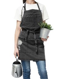 Professiona Korean Adjustable 100% Cotton Denim Apron Kitchen s For Woman Adult Baking Smock Chef Cafe Unisex Jeans 210625