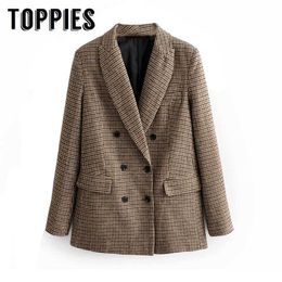 Spring Woollen Lattice Suit Jacket Ladies Office Blazer Double Breasted Loose Coat European Women Clothing 210930