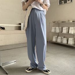 Solid Light-Blue Loose Slim Large Size Chic Straight Brief Casual OL Pants High Waisted Student Trousers 210421