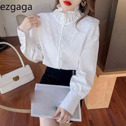 Ezgaga Elegant Blouse Women Flower Lace Patchwork Long Sleeve Ruffled Korean Chic Spring Loose Female Shirts Fashion Blusas 210430