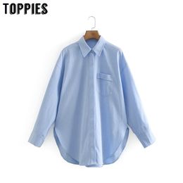 TOppies New Blue Blusas Women Long sleeves Blouse Tops Pockets Ropa de Mujer 210412