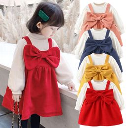 Clothing Sets Autumn Outfits Dresses Baby Girls Clothes Set Infant Long Sleeve White T-shirt + Bow Princess Strap Dress 1-5 Years Kid