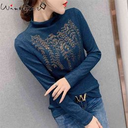 Spring Fall European Clothes Thick Knitted T-Shirt Girl Chic Shiny Diamonds Casual Women Tops Pullover Solid Tees T11306A 210421