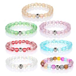 Round Mystic Rainbow Glass Beaded Stretch Bracelet 8mm Matte Moonstone Beads Elastic Wristband Women Jewelry