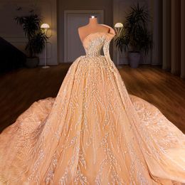 Heavy Beading One Long Sleeve Wedding Dress Luxury Sequins Ball Gown Bridal Gowns Vestido De Novia Saudi Arabia Rhinestone Bride Dress