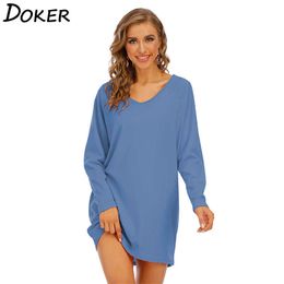 Summer Solid Colour Long Sleeve V Neck Women Dress Simple Casual Loose Daily Life Ladies Plus Size Mini Dresses 210604