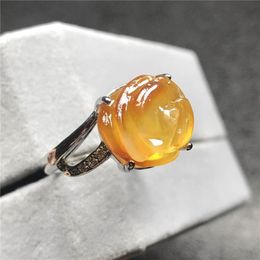 yellow gemstone rings UK - Cluster Rings 12mm Natural Red Yellow Amber Flower Carved Ring For Woman Lady Man Beads Gemstone Silver Fashion Jewelry Adjustable