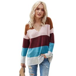 Sweater women loose blue purple stripe stitching autumn winter fashion v neck slim long sleeve knitted sweaters LR895 210531