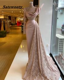 Elegent Pink Meimaid Evening Dresses Gowns 2021 One Long Sleeve Sheer Lace Formal Party Gown for Women Plus Size
