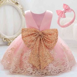 2021 Pageant Ceremony Child Baptism 2 1 Year Birthday Dress For Baby Girl Clothing Princess Dresses Party Dress Gold Bow Toddler G1129