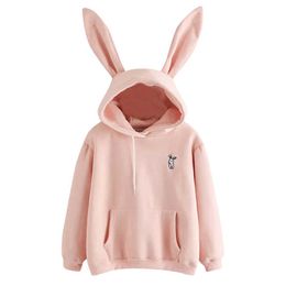 QRWR Autumn Winter Women Hoodies Kawaii Rabbit Ears Fashion Hoody Casual Solid Colour Warm Sweatshirt Hoodies For Women 210927