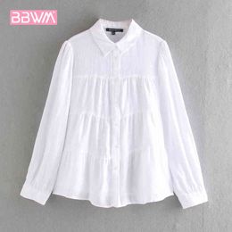 Women's Lapel Long-sleeve Linen Shirt with Bubble Sleeves Overlay Flared Loose Seams on The White Shirt Female 210507