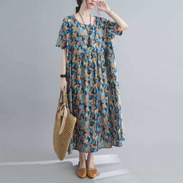 Plus Size Women DrVintage Short Sleeve Loose Beach Maxi Long DrRobe Female Oversize 4XL 5XL 6XL Cotton Linen Boho Dress X0621