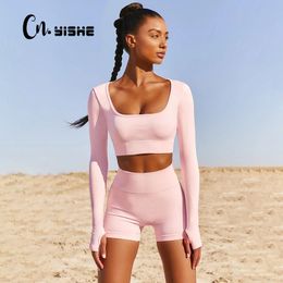 CNYISHE 2-Pieces Shorts Sets Women Fashion Fitness Long Sleeve Crop Top+ Bike Shorts Suit Set For Female Solid Skinny Tracksuits 210419