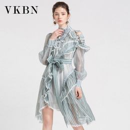 VKBN Dresses Woman Party Night Turtleneck Long Sleeve Blue Striped sexy dress Fashion Shoulder cutout 210507
