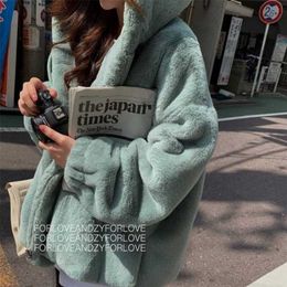 Fashion Faux Fur Coat Winter Women Casual Hooded Slim Long Sleeve Jacket Casaco Feminino 211220