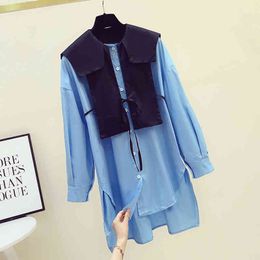 Special Design Autumn Women's Long Sleeves Doll Collar Patchwork Shirt Ladies Casual Shirts Blouse Tops Blusas A3927 210428